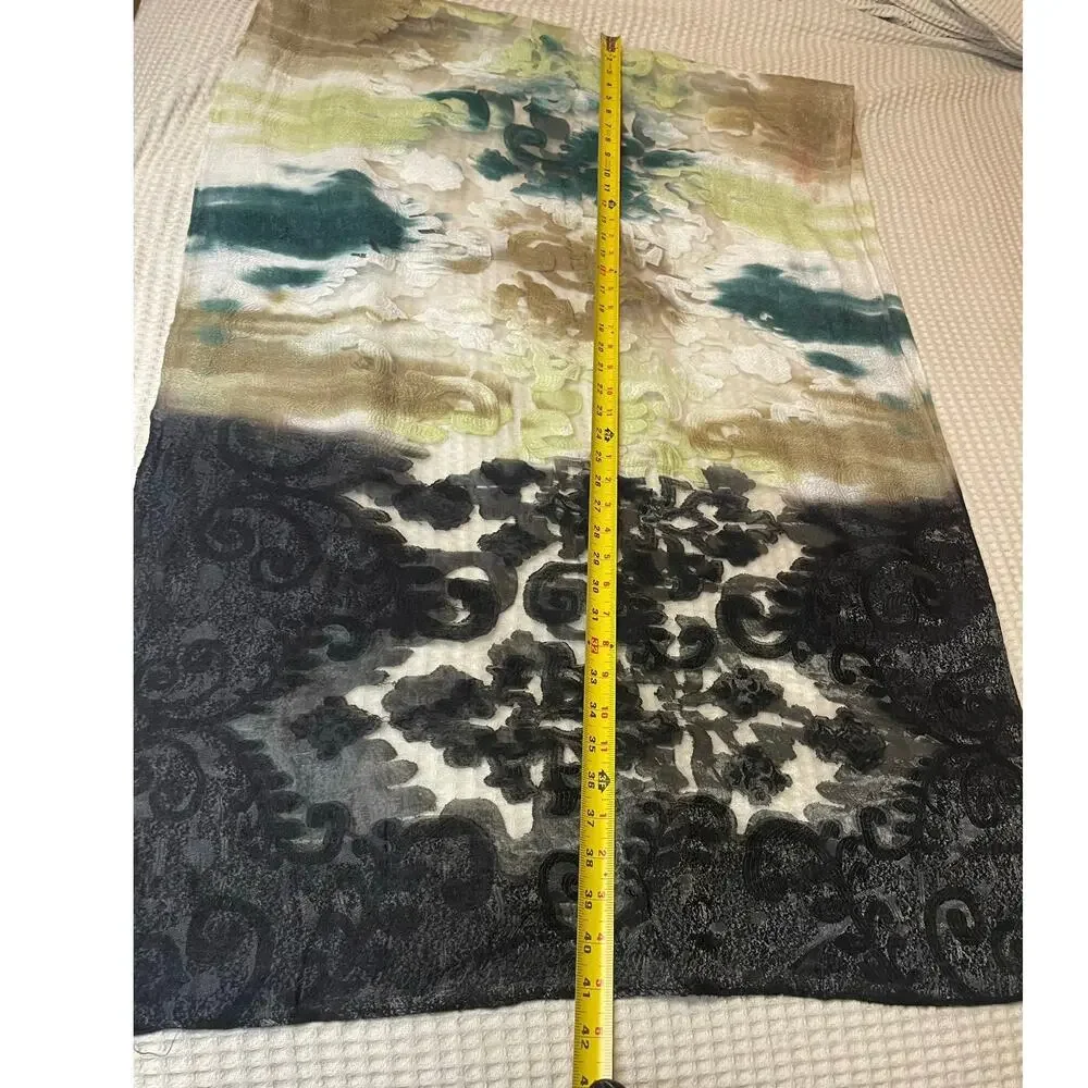 Boho Burnout Green Black & Cream Sheer Shawl Scarf Cottage Core Whimsical